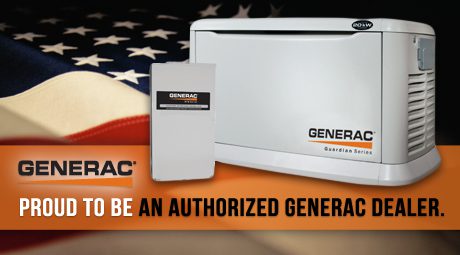 A generac generator is shown next to an american flag.
